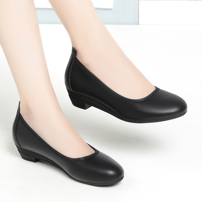 Black leather shoes new women's shoes wedge heel comfortable soft sole non-slip round head flight attendant women's shoes