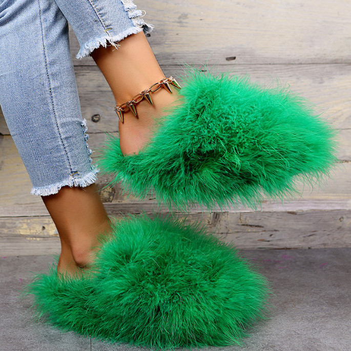 New Fashion ladies House indoor Slides shoes Home Outdoor Big Real Ostrich Furry Feather Fur Winter Fluffy Bedroom Slippers