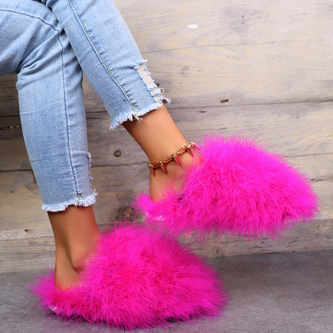 New Fashion ladies House indoor Slides shoes Home Outdoor Big Real Ostrich Furry Feather Fur Winter Fluffy Bedroom Slippers