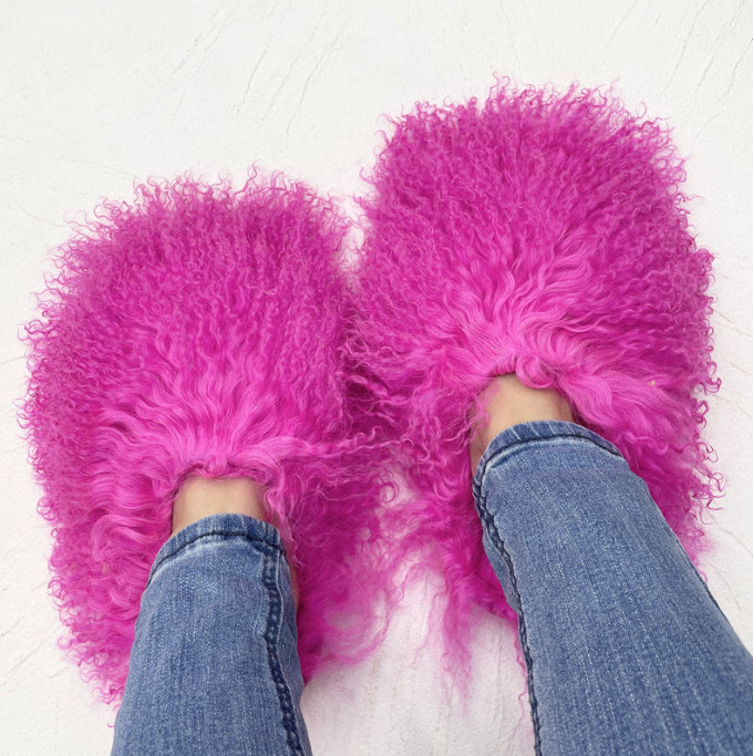 Real Mongolian Sheep Fur Slippers Closed Toe For Women Girls Furry Big Fluffy Outdoor Beach Flat Luxury Slides Sliders