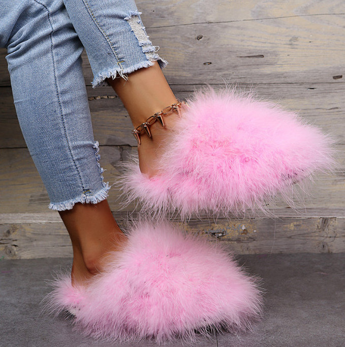 New Fashion ladies House indoor Slides shoes Home Outdoor Big Real Ostrich Furry Feather Fur Winter Fluffy Bedroom Slippers