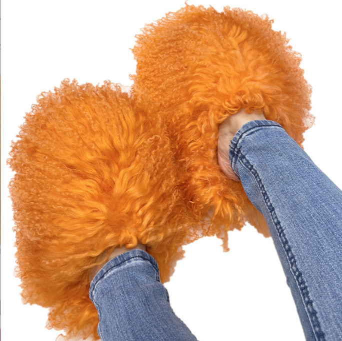 Real Mongolian Sheep Fur Slippers Closed Toe For Women Girls Furry Big Fluffy Outdoor Beach Flat Luxury Slides Sliders