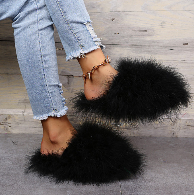 New Fashion ladies House indoor Slides shoes Home Outdoor Big Real Ostrich Furry Feather Fur Winter Fluffy Bedroom Slippers