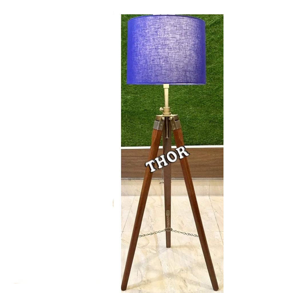 Antique Brown Wooden Tripod Floor Lamp for Living Room ~Bedroom Office with Blue Shade Wiring Holder Included