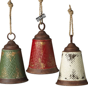 Large Metal Christmas Bells With Rope Hanging Ornaments Decorations Set of 3  rustic red white green color painted finishes