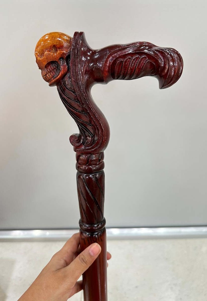 Wooden Walking Cane with Skull Head Ergonomic Palm Grip Handle 36 inch  Wood Carved Walking Stick for Men Women Brown