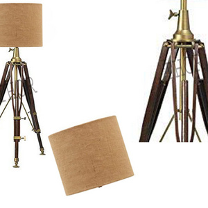 Nautical Antique Brass Tripod Floor  Wooden Stand With Jute Shade Livingroom Decor