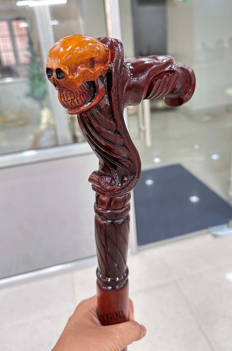 Wooden Walking Cane with Skull Head Ergonomic Palm Grip Handle 36 inch  Wood Carved Walking Stick for Men Women Brown