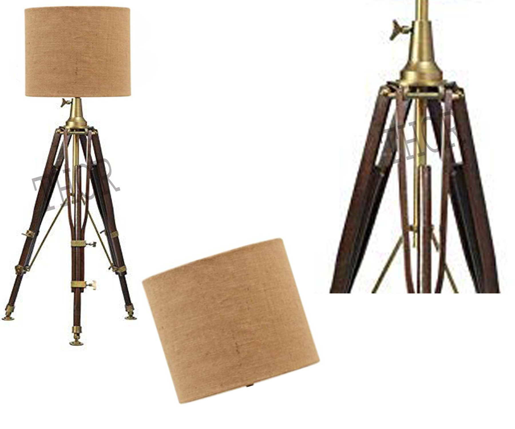 Nautical Antique Brass Tripod Floor  Wooden Stand With Jute Shade Livingroom Decor