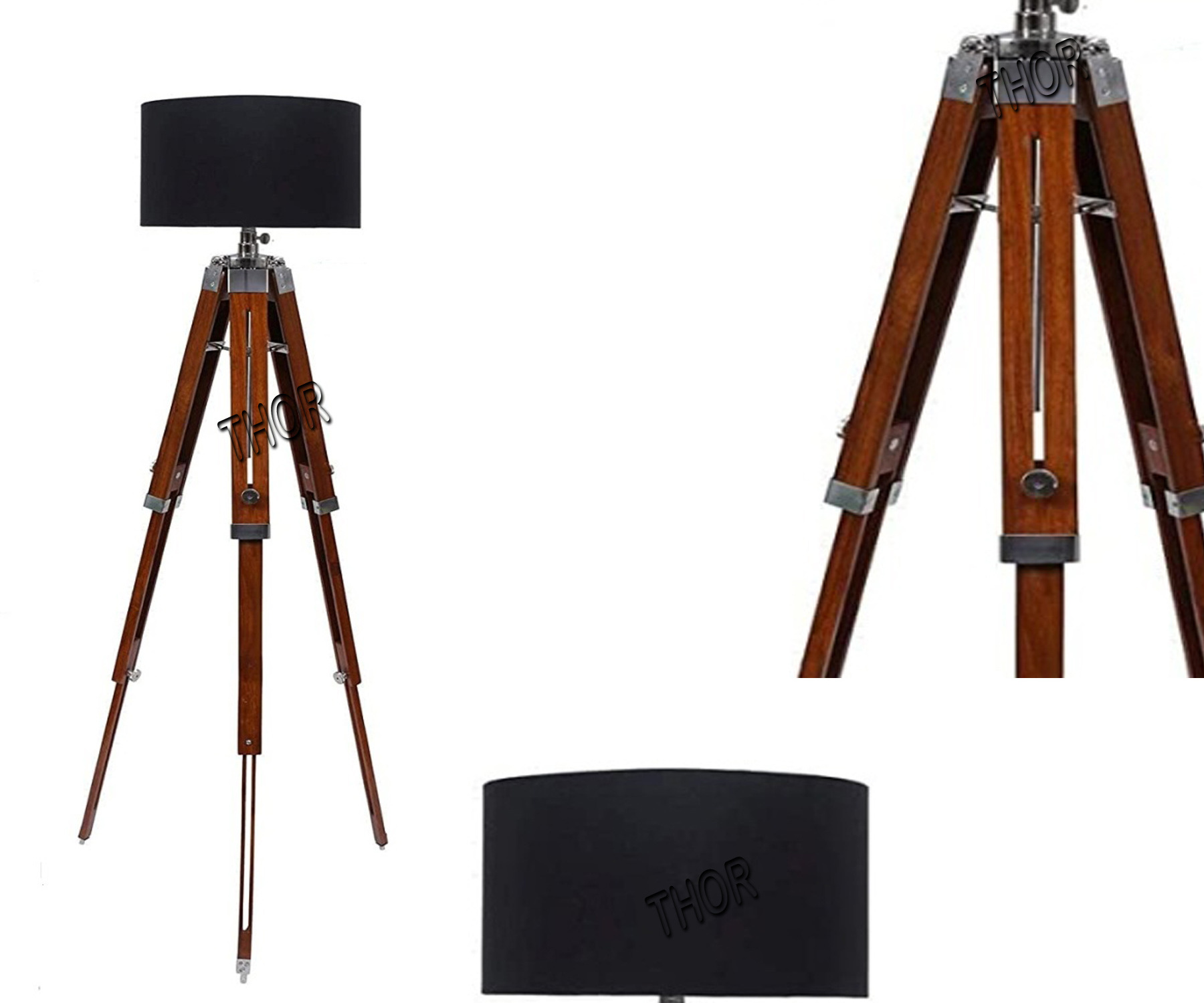 Nautical Tripod Floor  Wooden Stand With Black Shade Bedroom Home Decor