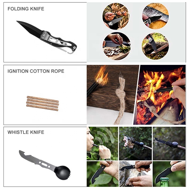 Multifunctional knife Whistle Outdoor Folding BBQ Emergency Flashlight Fire Survival Tools