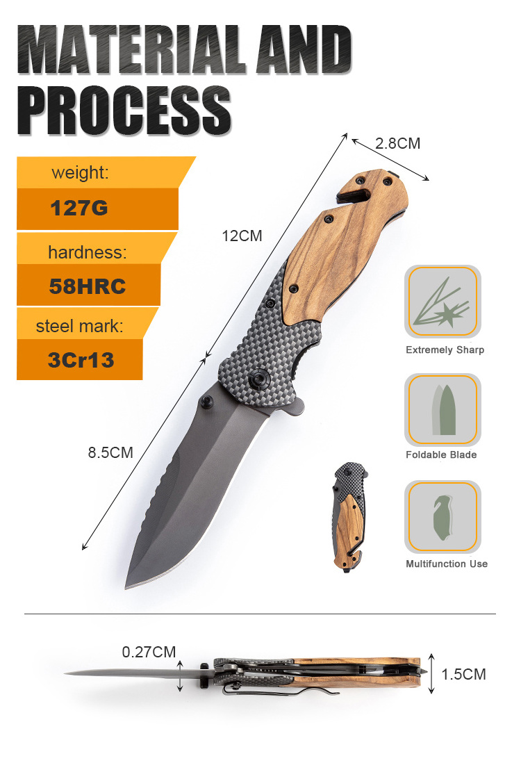 Outdoor Carbon Fiber Steel Wood Handle Wilderness Survival Multifunctional Folding Pocket Knife Pocket Knives