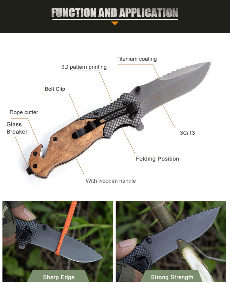 Outdoor Carbon Fiber Steel Wood Handle Wilderness Survival Multifunctional Folding Pocket Knife Pocket Knives