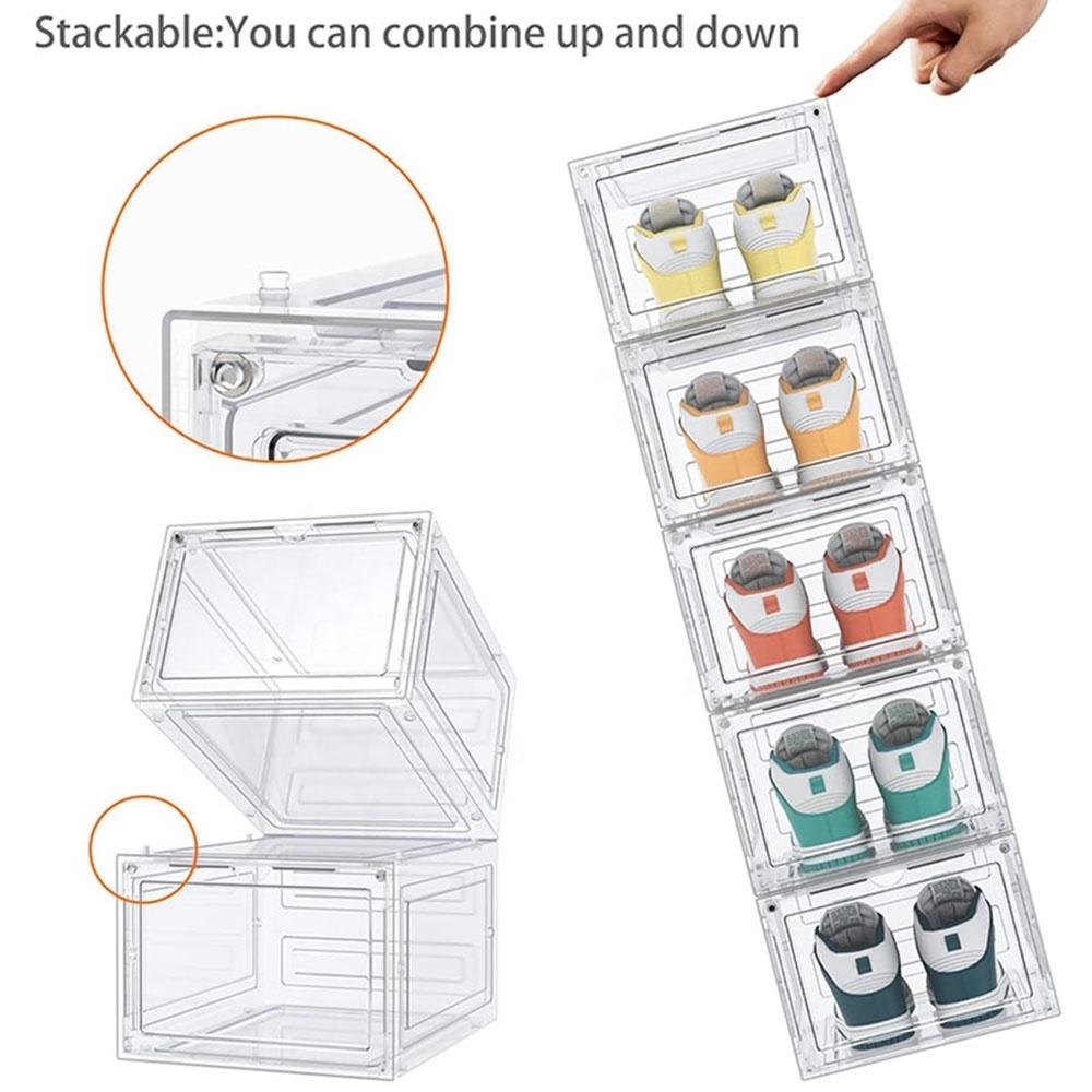 Shoe Box Stackable Plastic Sneaker Box Container, Magnetic Side Open Acrylic Organizer and Storage Case Wall Mounted