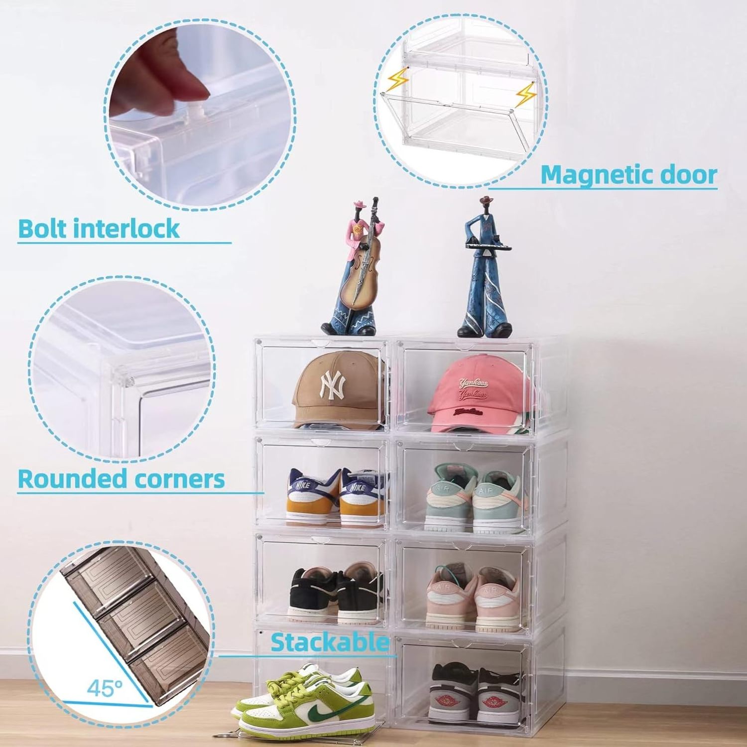 Large 12 Pack Shoe Storage Box, Shoe Organizer for Closet, Clear Plastic Stackable Shoe Boxes, Space Saving Foldable Sneaker