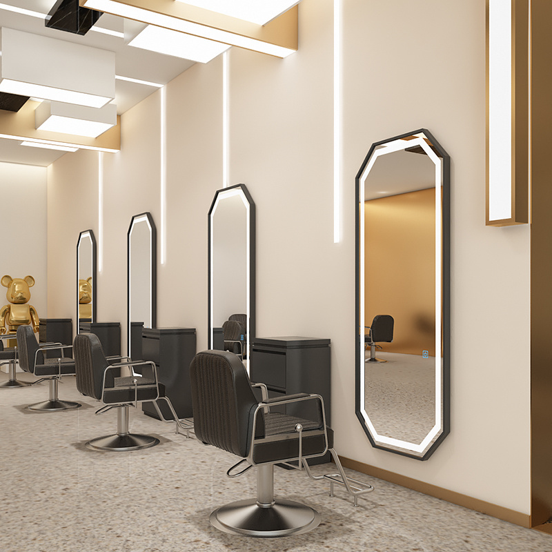 Hair gold Salon length double wall station led mirror designs with led lights