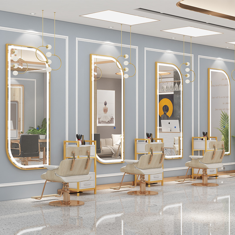 Hair gold Salon length double wall station led mirror designs with led lights