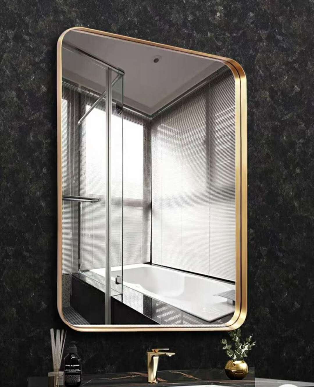 Large Decorative Stainless steel bright brass metal framed  bathroom wall mounted mirror