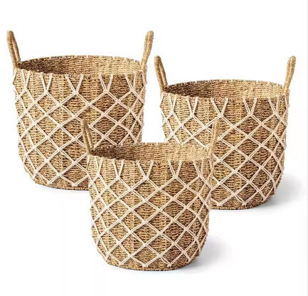 Eco-Friendly Natural Wicker Storage Baskets 100% round Boho Woven Tall Seagrass Plant Bins with Dimensional Tolerance 2024