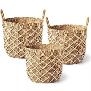 Eco-Friendly Natural Wicker Storage Baskets 100% round Boho Woven Tall Seagrass Plant Bins with Dimensional Tolerance 2024