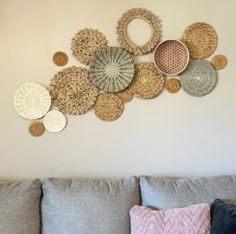 Set of 16 Boho Wall Basket Decor Bamboo Wall Art and Rattan Wall Hanging Unique Wall Plate Design