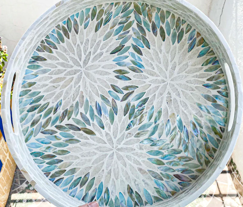 Mother of Pearl Inlaid Round Tray, Lacquer Coffee Table Tray, Breakfast Tray,Cocktail Tray, Housewarming Gift, Pearl Serving