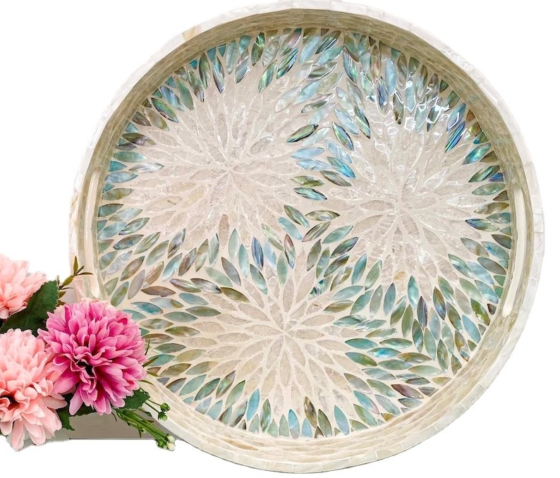 Mother of Pearl Inlaid Round Tray, Lacquer Coffee Table Tray, Breakfast Tray,Cocktail Tray, Housewarming Gift, Pearl Serving