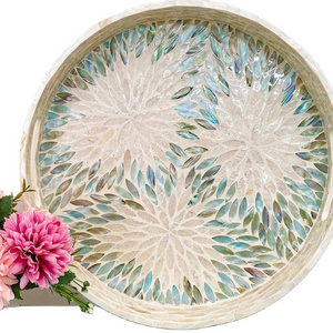 Mother of Pearl Inlaid Round Tray, Lacquer Coffee Table Tray, Breakfast Tray,Cocktail Tray, Housewarming Gift, Pearl Serving