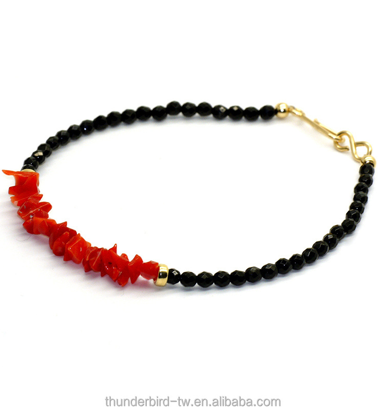 new design hot sale fashion jewelry for women gold filled 100% natural red coral crushed chips stone Black Onyx Faceted bracelet