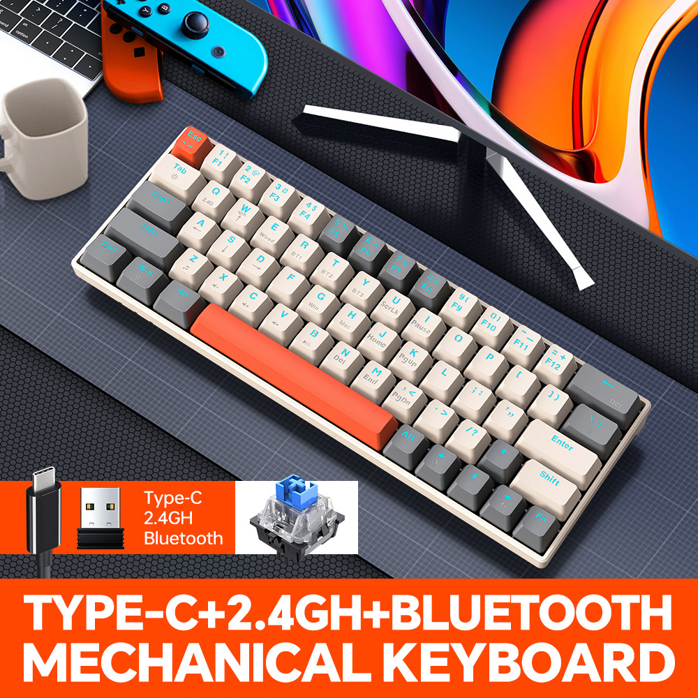 New arrival T-WOLF T30 3 Modes TKL 1450mAh OUTEMU Switch 63keys Wireless Cyan Axis mechanical keyboard for game