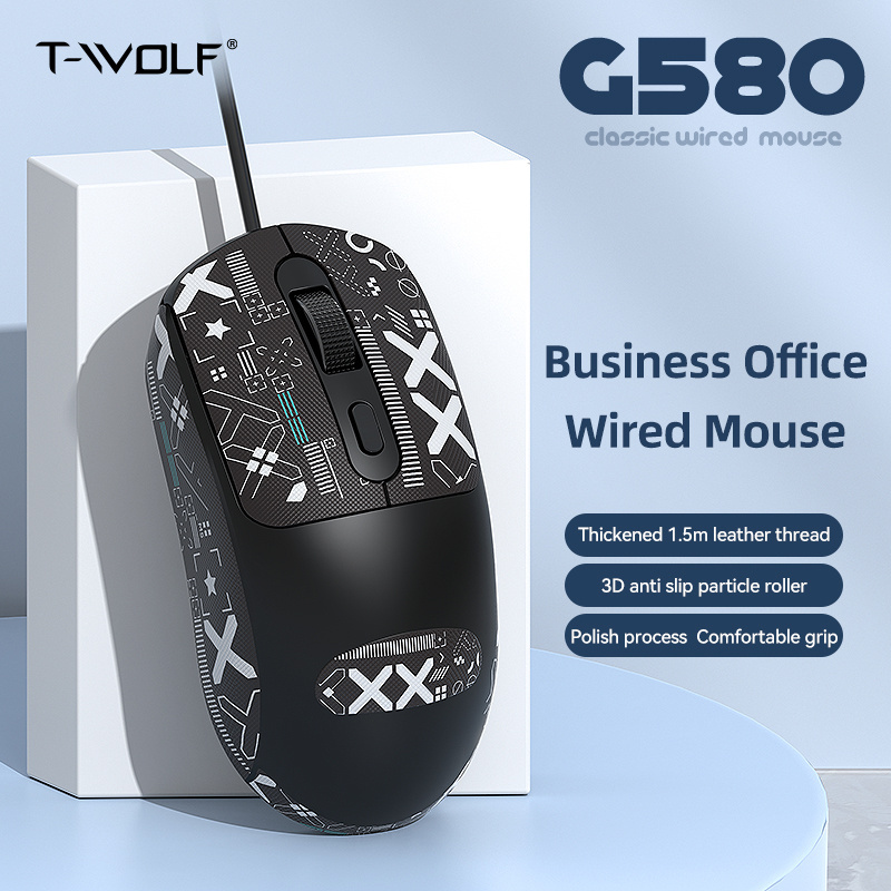 T-WOLF G580 Cheap Personalized Wired ergonomic mouse white black office mouse with non slip sticker for laptop desktop