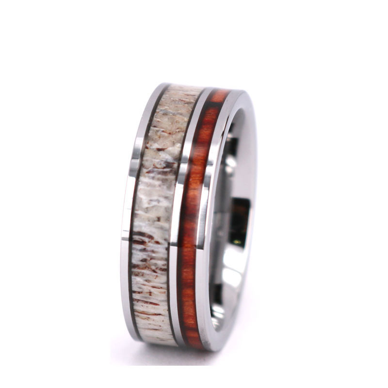 White Tungsten Ring Flat Comfort Fit Real Deer Antler and Hawaii Koa Wood Inlay Forever Love Meaningful Anniversary Men Ring