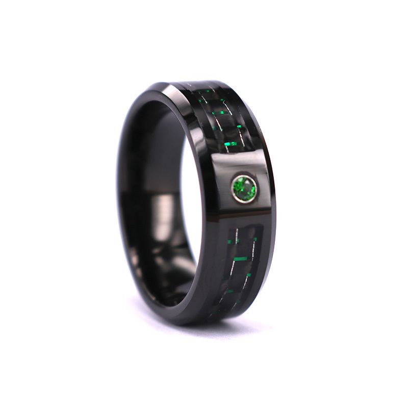 8mm Black Tungsten Carbide Ring with Diamond Green Carbon Fiber