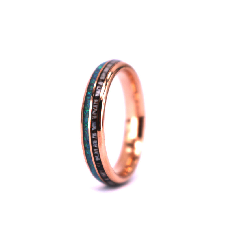 4MM Thin 14K Rose Gold Opal Deer Antler Ring Mens Tungsten Wedding Ring