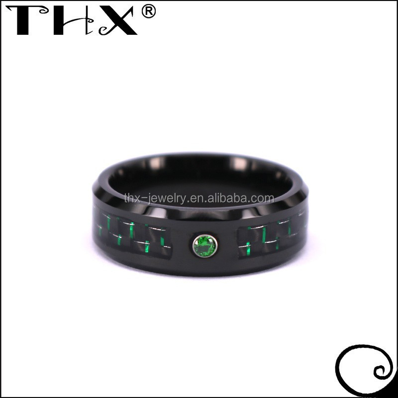 8mm Black Tungsten Carbide Ring with Diamond Green Carbon Fiber