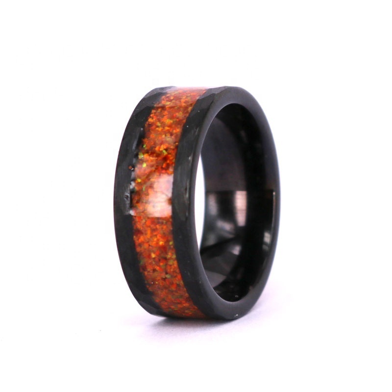 Crushed Gemstone Wedding Ring Design Fashon Customized Black Tungsten Band With Hammered Edges Fashion Red Opal Inlay Ring