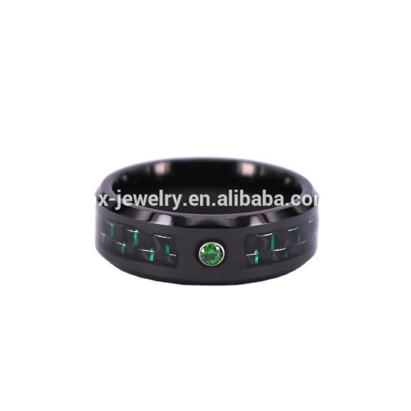 8mm Black Tungsten Carbide Ring with Diamond Green Carbon Fiber