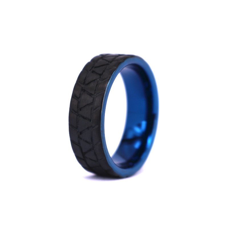 Tire Design Mens Tungsten Carbide Ring 8mm Polish Matte Black Blue Womens Wedding Band