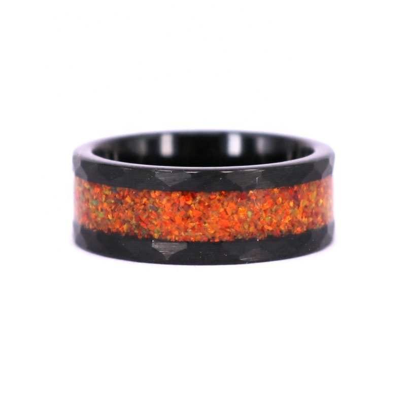 Crushed Gemstone Wedding Ring Design Fashon Customized Black Tungsten Band With Hammered Edges Fashion Red Opal Inlay Ring