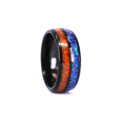 Orange Blue Real Opal Inlay Domed Black Tungsten Wedding Ring Band