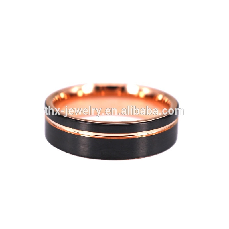 THX Jewelry 6mm Men and Women Black Rose Gold Plated Tungsten Carbide Ring