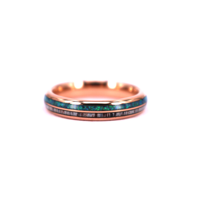 4MM Thin 14K Rose Gold Opal Deer Antler Ring Mens Tungsten Wedding Ring