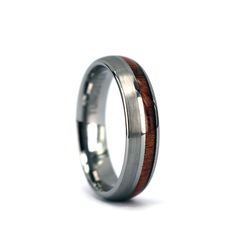 Thin Width Domed Offset Wood inlay Tungsten Ring with Polished Line,6MM Wood inlay Men Women Wedding Band