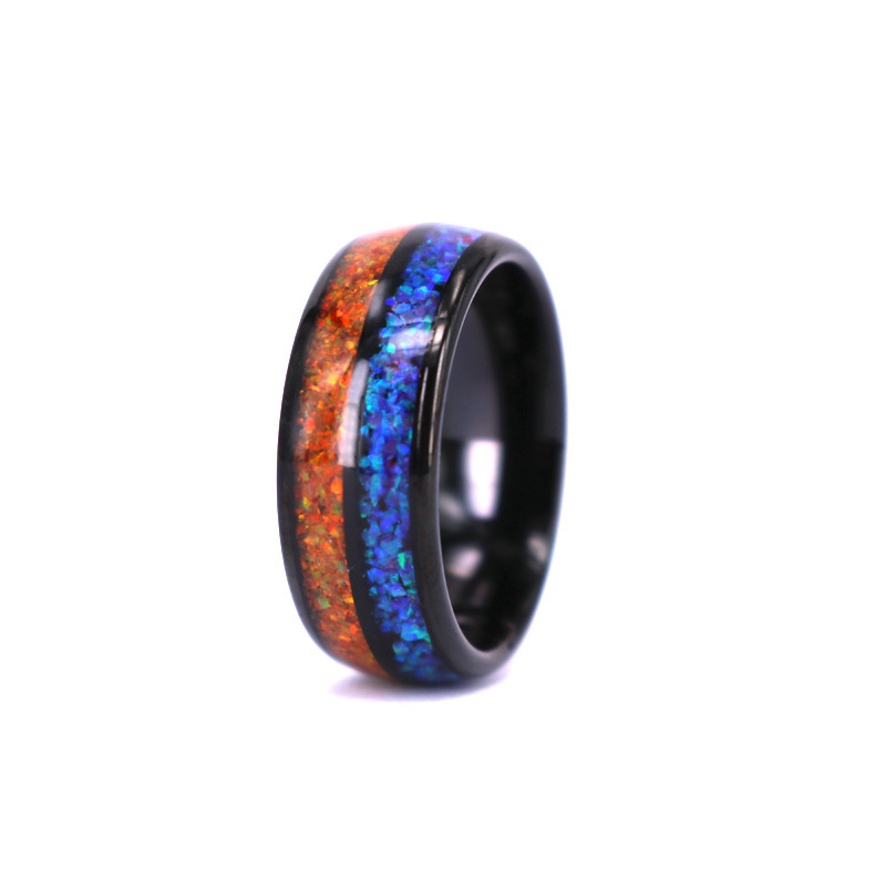 Orange Blue Real Opal Inlay Domed Black Tungsten Wedding Ring Band