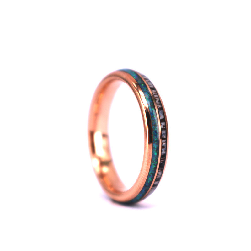 4MM Thin 14K Rose Gold Opal Deer Antler Ring Mens Tungsten Wedding Ring