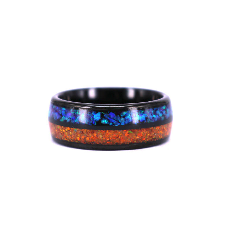 Orange Blue Real Opal Inlay Domed Black Tungsten Wedding Ring Band