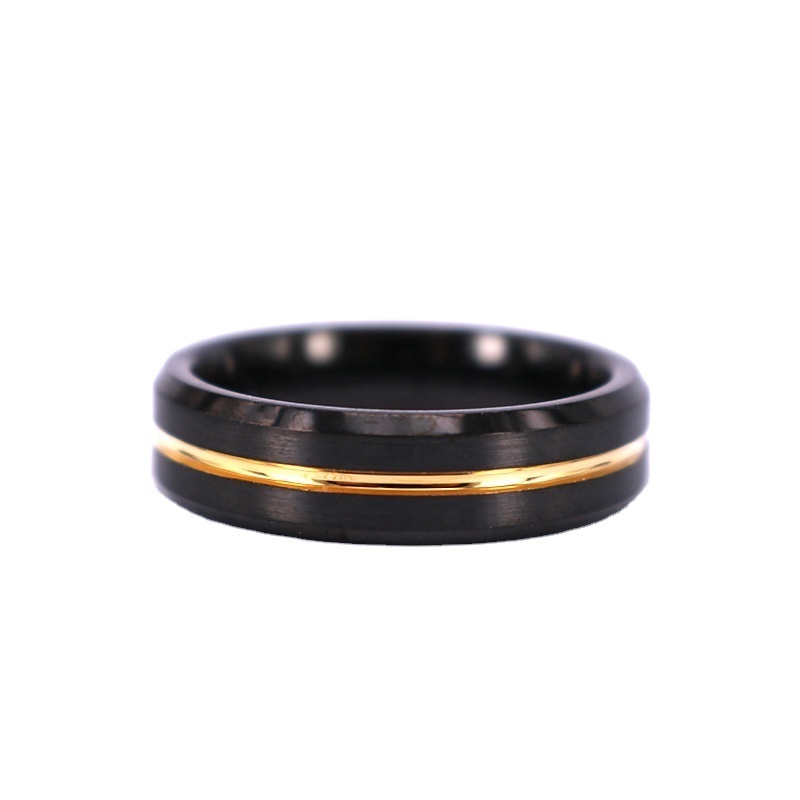 6MM Beveled Edge Double Color Plating Tungsten Ring,Gold Groove Black Tungsten Wedding Band