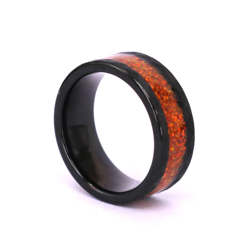 Crushed Gemstone Wedding Ring Design Fashon Customized Black Tungsten Band With Hammered Edges Fashion Red Opal Inlay Ring