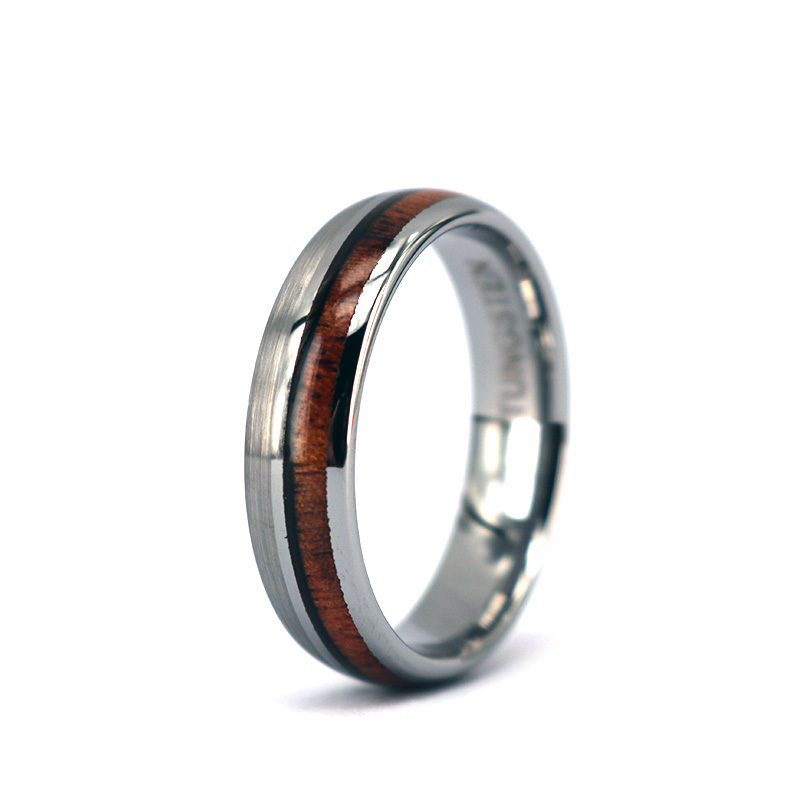 Thin Width Domed Offset Wood inlay Tungsten Ring with Polished Line,6MM Wood inlay Men Women Wedding Band