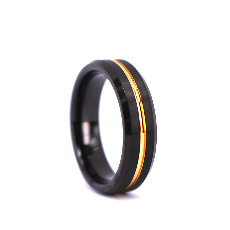 6MM Beveled Edge Double Color Plating Tungsten Ring,Gold Groove Black Tungsten Wedding Band